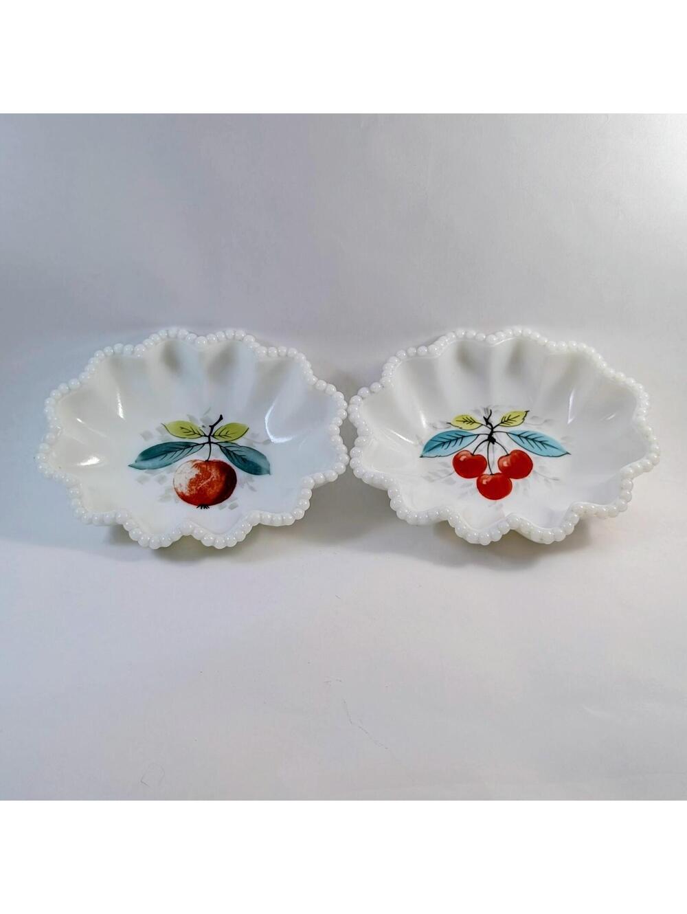 Westmoreland Milk Glass Painted Beaded Edge Fruit Bowls - Set of 2